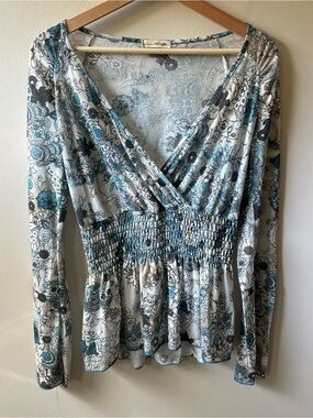 Refuge Long Sleeve Teal Floral V Neck Top
